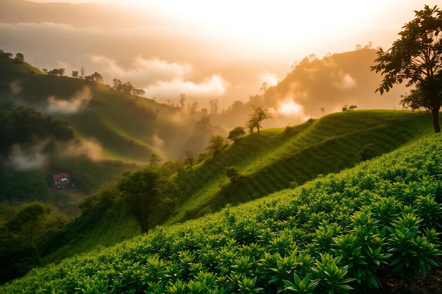 Ethiopian highland coffee farm at sunrise