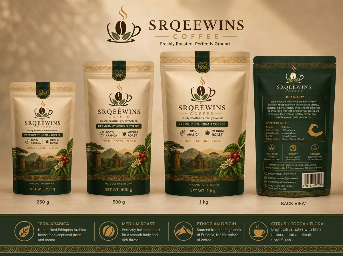 SRQEEWINS COFFEE packaging in 250g, 500g, 1kg